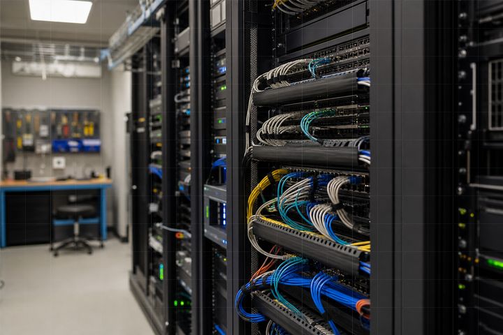 A facility map style image overlaid on a network rack photo.