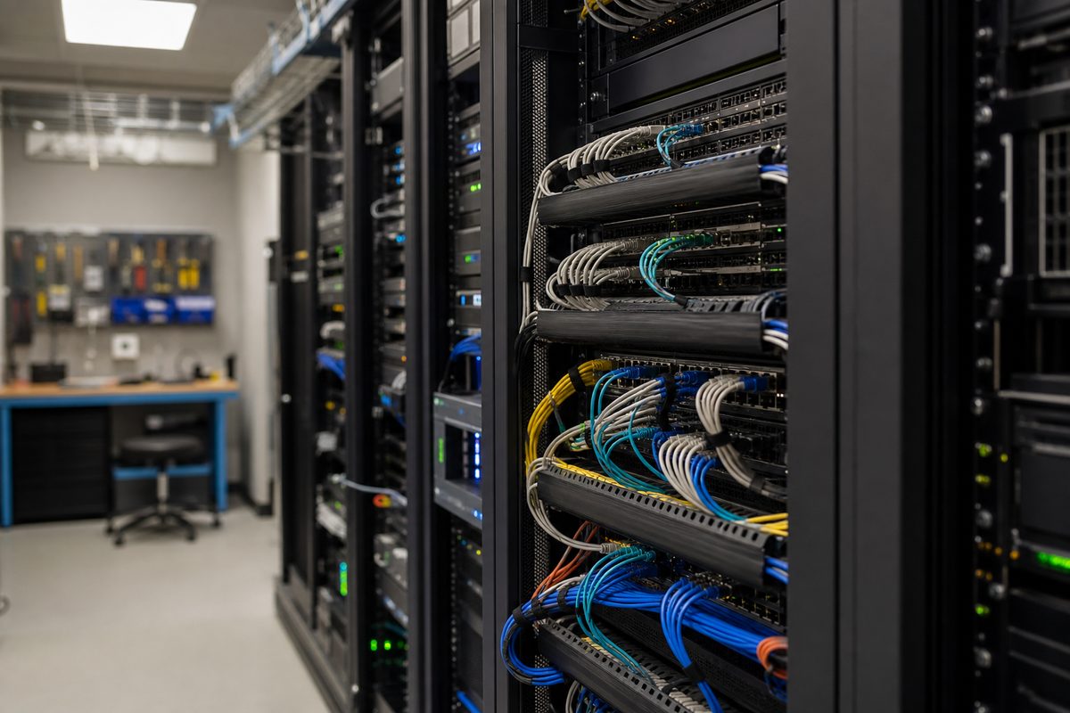 Network racks with patch panels and status lights.